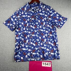 Lets Go Golf Polo Shirt Blue Tequila Bottle Print Skulls Stretch Large Men